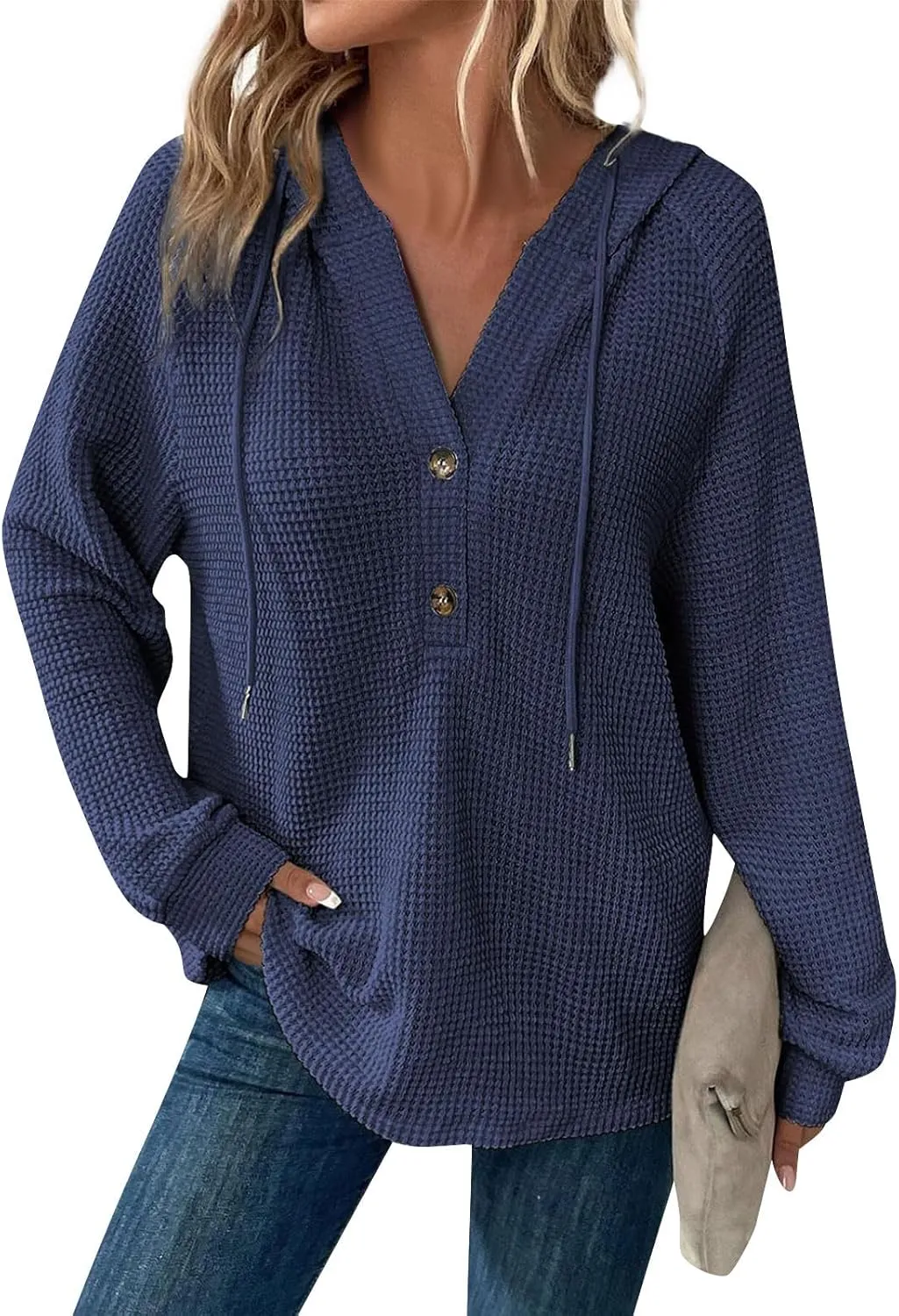 Hoodies for Women Waffle Knit Long Sleeve Drawstring Button V Neck Sweatshirt Comfy Lightweight Hooded Tops