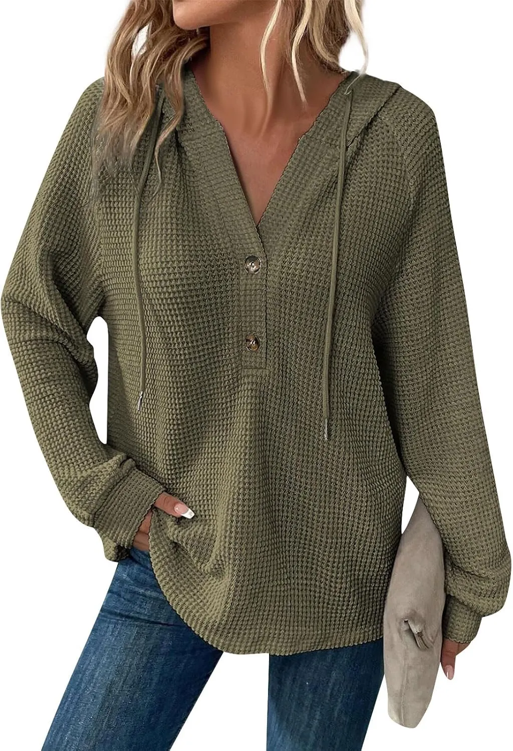 Hoodies for Women Waffle Knit Long Sleeve Drawstring Button V Neck Sweatshirt Comfy Lightweight Hooded Tops