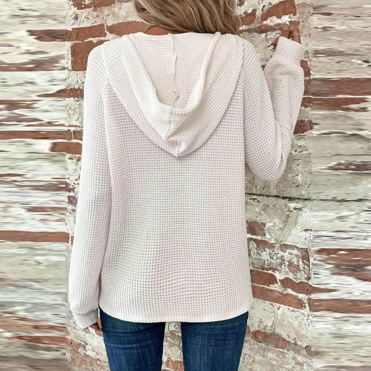 Hoodies for Women Waffle Knit Long Sleeve Drawstring Button V Neck Sweatshirt Comfy Lightweight Hooded Tops