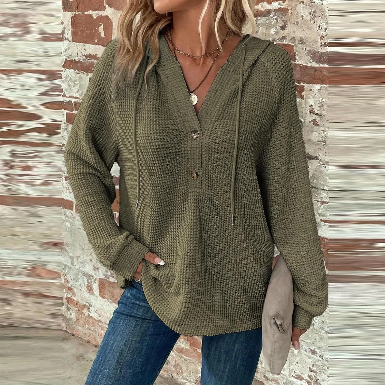 Hoodies for Women Waffle Knit Long Sleeve Drawstring Button V Neck Sweatshirt Comfy Lightweight Hooded Tops
