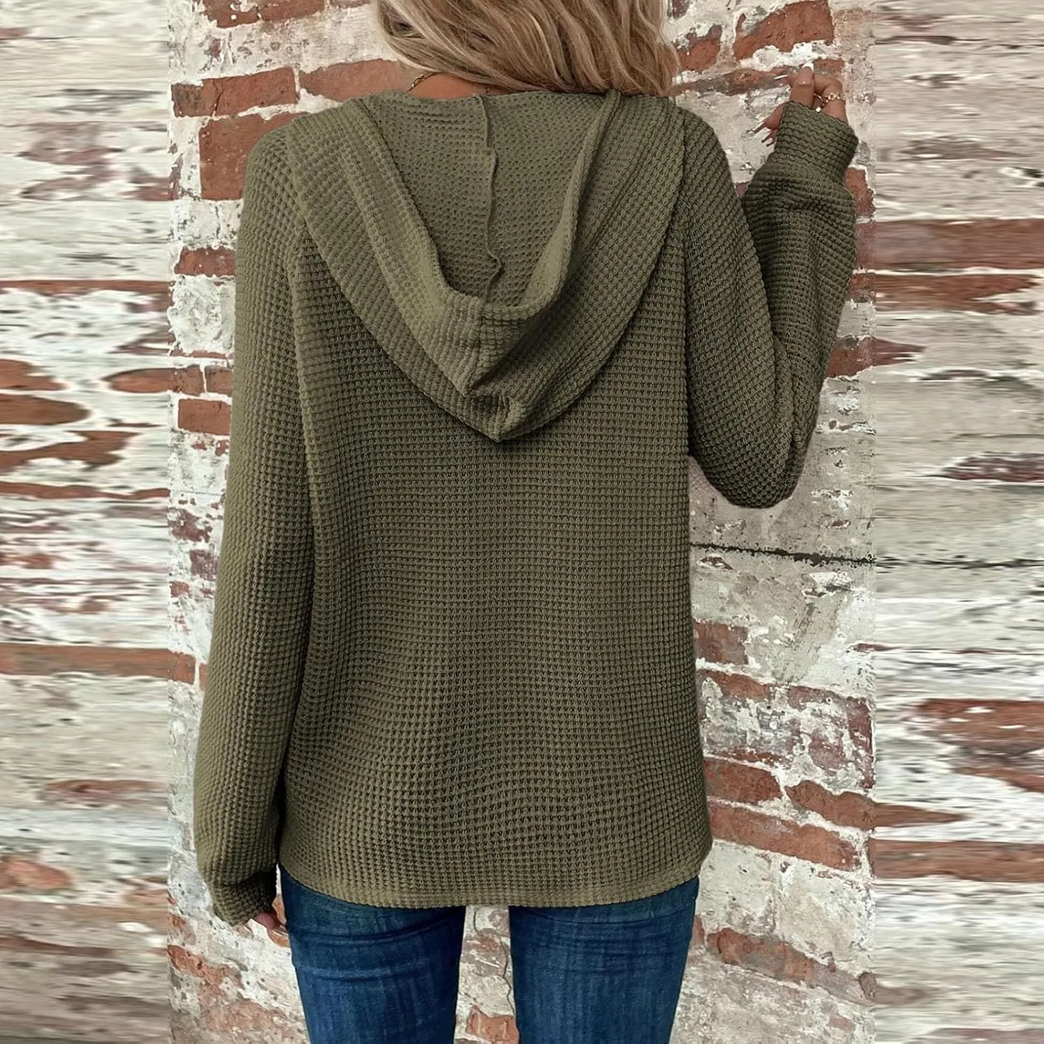 Hoodies for Women Waffle Knit Long Sleeve Drawstring Button V Neck Sweatshirt Comfy Lightweight Hooded Tops