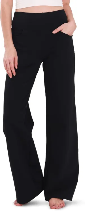 Houmous Wide Leg Pants Women Cotton Yoga Pants 28"/31"/34" High Waist Loose Lounge Stretch Trousers with Pockets, 34 Inseam, Black, S