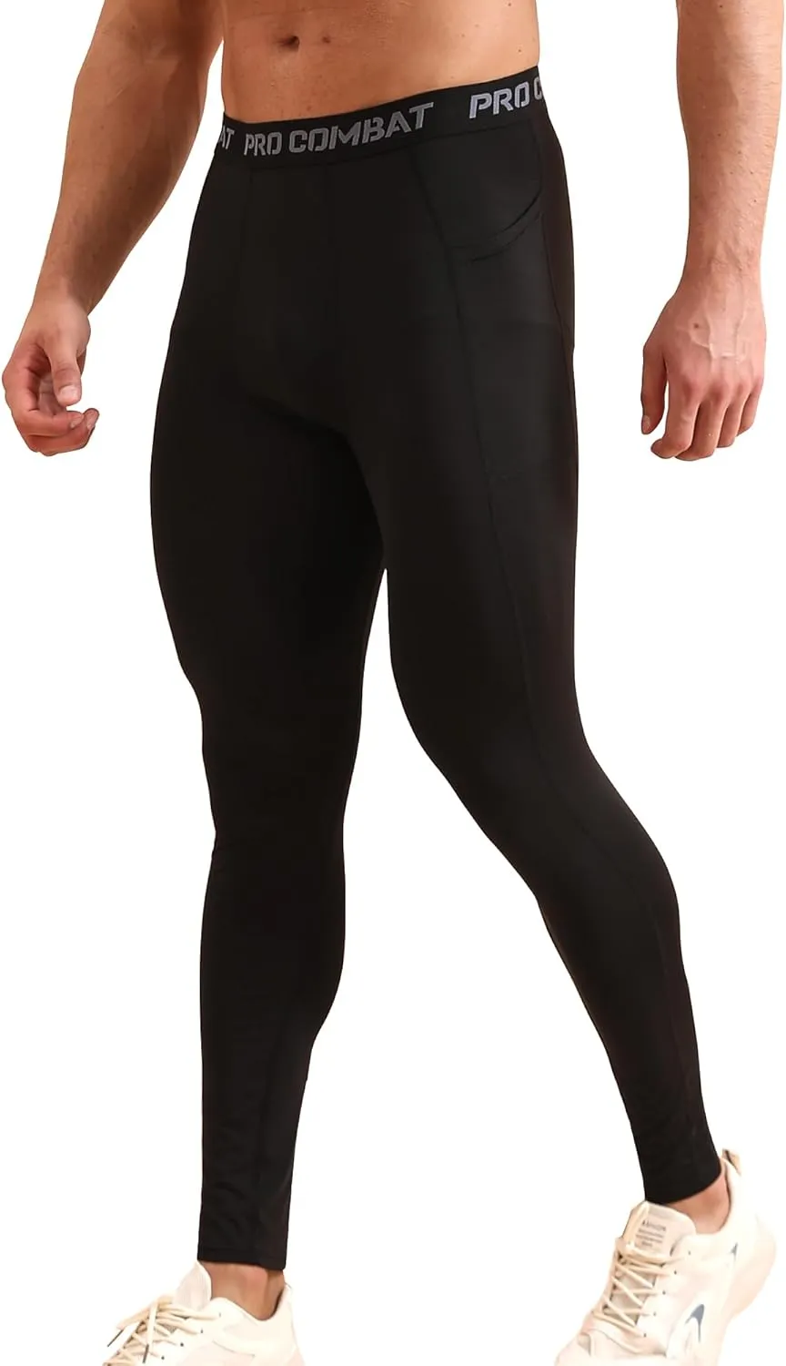 HYCOPROT Men's Compression Pants with Pockets, Athletic Leggings Baselayer Workout Tights for Running Yoga Gym Basketball
