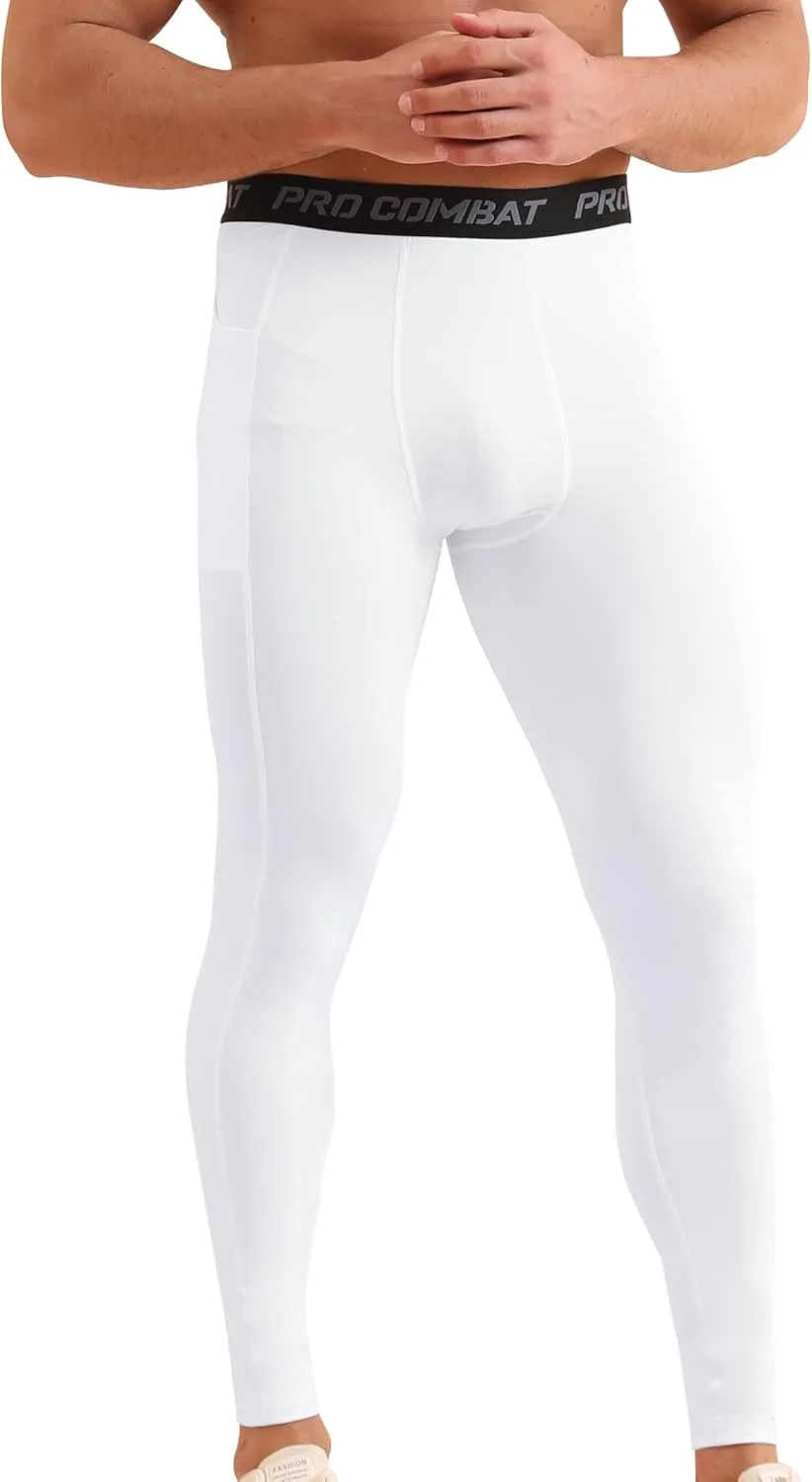 HYCOPROT Men's Compression Pants with Pockets, Athletic Leggings Baselayer Workout Tights for Running Yoga Gym Basketball