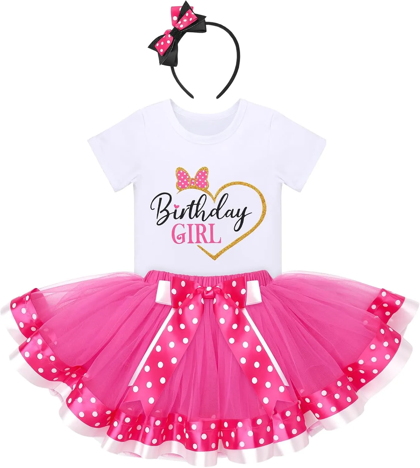 IBTOM CASTLE Toddler Birthday Girls Princess Party Outfit Polka Dots Top Shirts Tutu Skirt Set Ears Cake Smash Costume