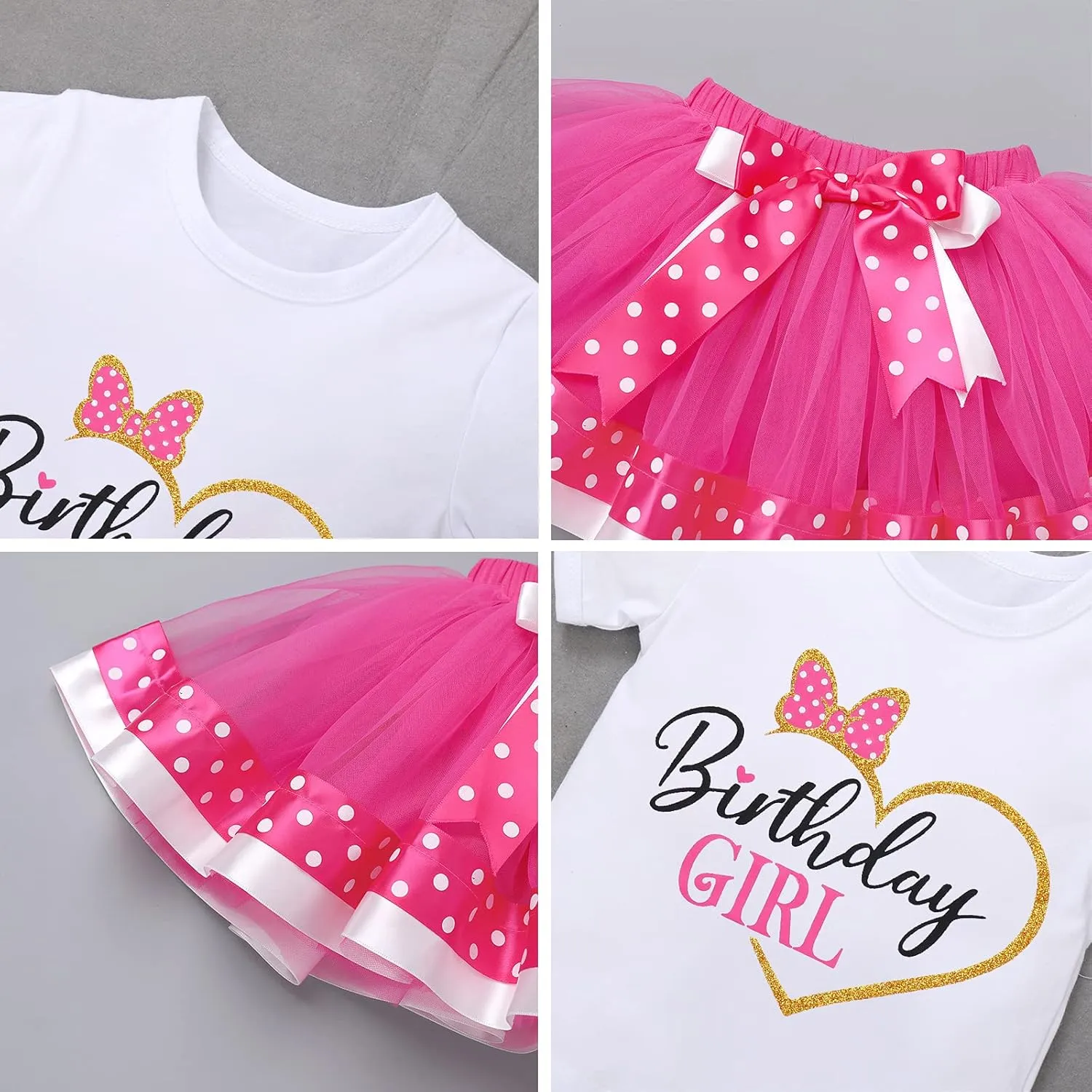 IBTOM CASTLE Toddler Birthday Girls Princess Party Outfit Polka Dots Top Shirts Tutu Skirt Set Ears Cake Smash Costume