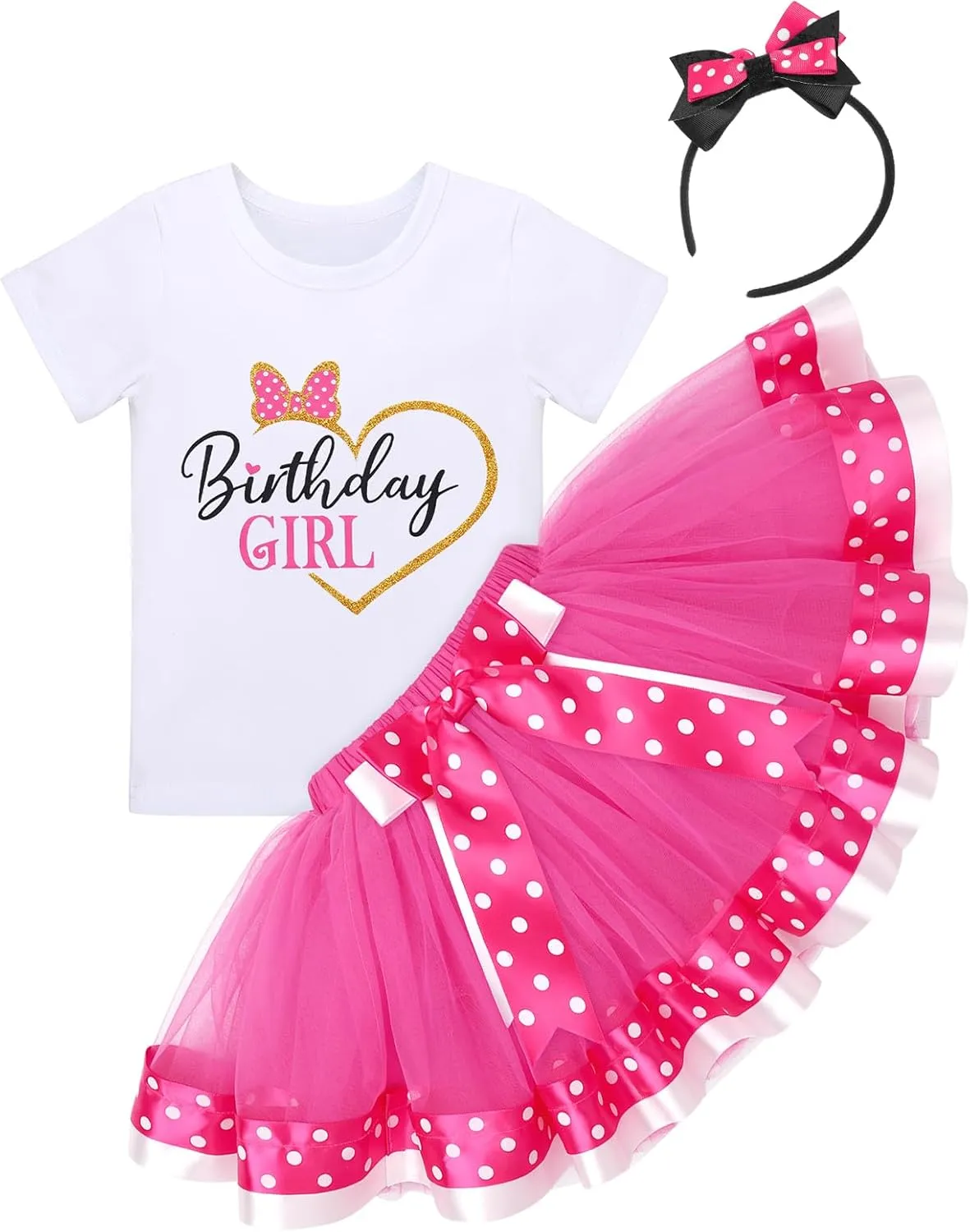 IBTOM CASTLE Toddler Birthday Girls Princess Party Outfit Polka Dots Top Shirts Tutu Skirt Set Ears Cake Smash Costume