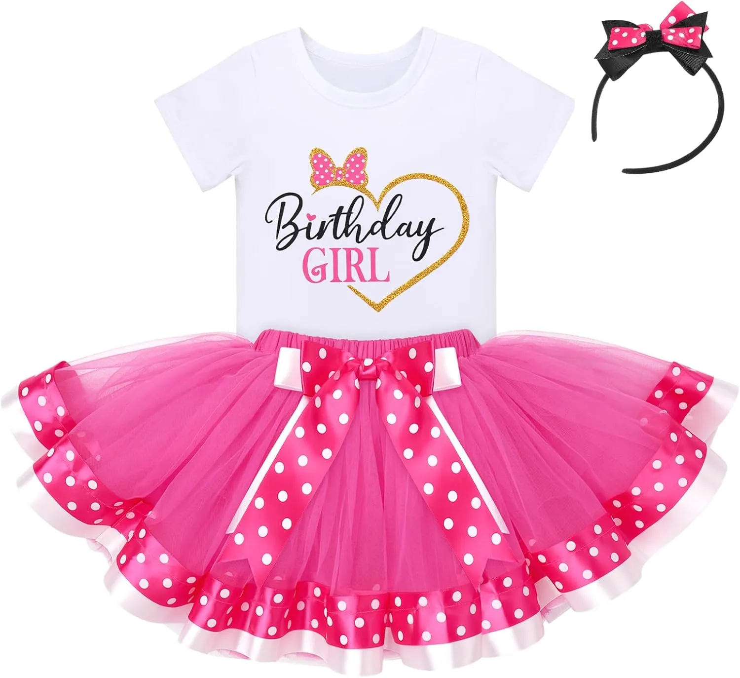 IBTOM CASTLE Toddler Birthday Girls Princess Party Outfit Polka Dots Top Shirts Tutu Skirt Set Ears Cake Smash Costume