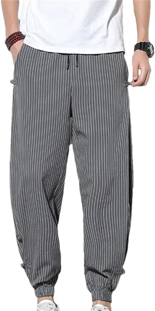 Japanese Style Summer Thin Striped Harem Pants Men Cotton Buckle Breathable Linen Pants Men Jogging Pants