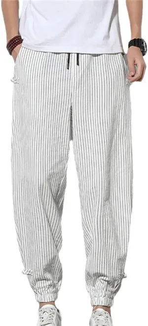 Japanese Style Summer Thin Striped Harem Pants Men Cotton Buckle Breathable Linen Pants Men Jogging Pants