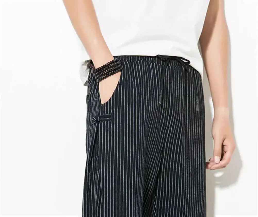 Japanese Style Summer Thin Striped Harem Pants Men Cotton Buckle Breathable Linen Pants Men Jogging Pants
