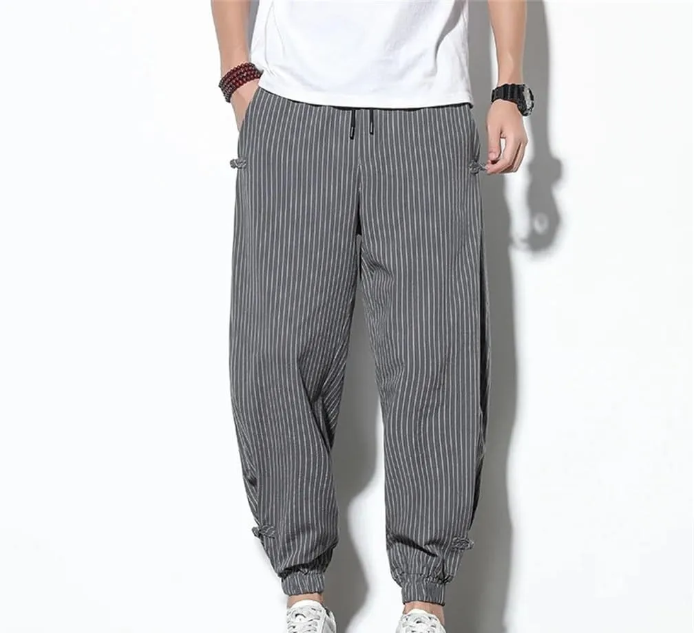 Japanese Style Summer Thin Striped Harem Pants Men Cotton Buckle Breathable Linen Pants Men Jogging Pants