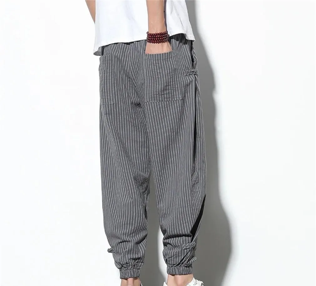 Japanese Style Summer Thin Striped Harem Pants Men Cotton Buckle Breathable Linen Pants Men Jogging Pants