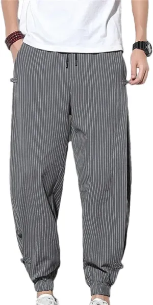 Japanese Style Summer Thin Striped Harem Pants Men Cotton Buckle Breathable Linen Pants Men Jogging Pants