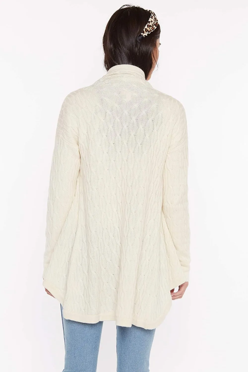 JENNIE LIU Women's 100% Pure Cashmere 4-ply Cable-Knit Drape-Front Open Cardigan Sweater