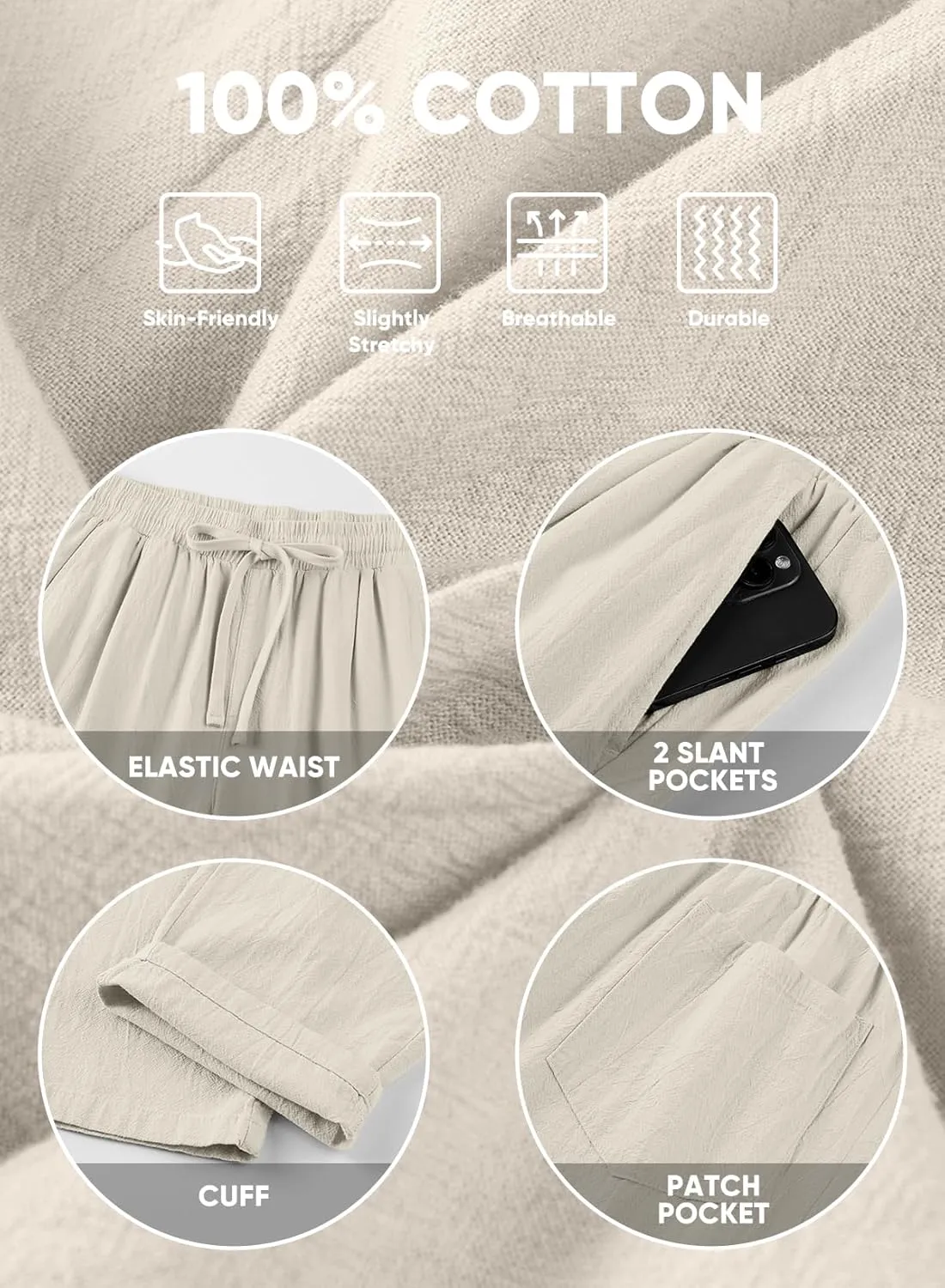 JMIERR Mens Cotton Pants Casual Elastic Waist Drawstring Lightweight Summer Beach Trousers with Pockets