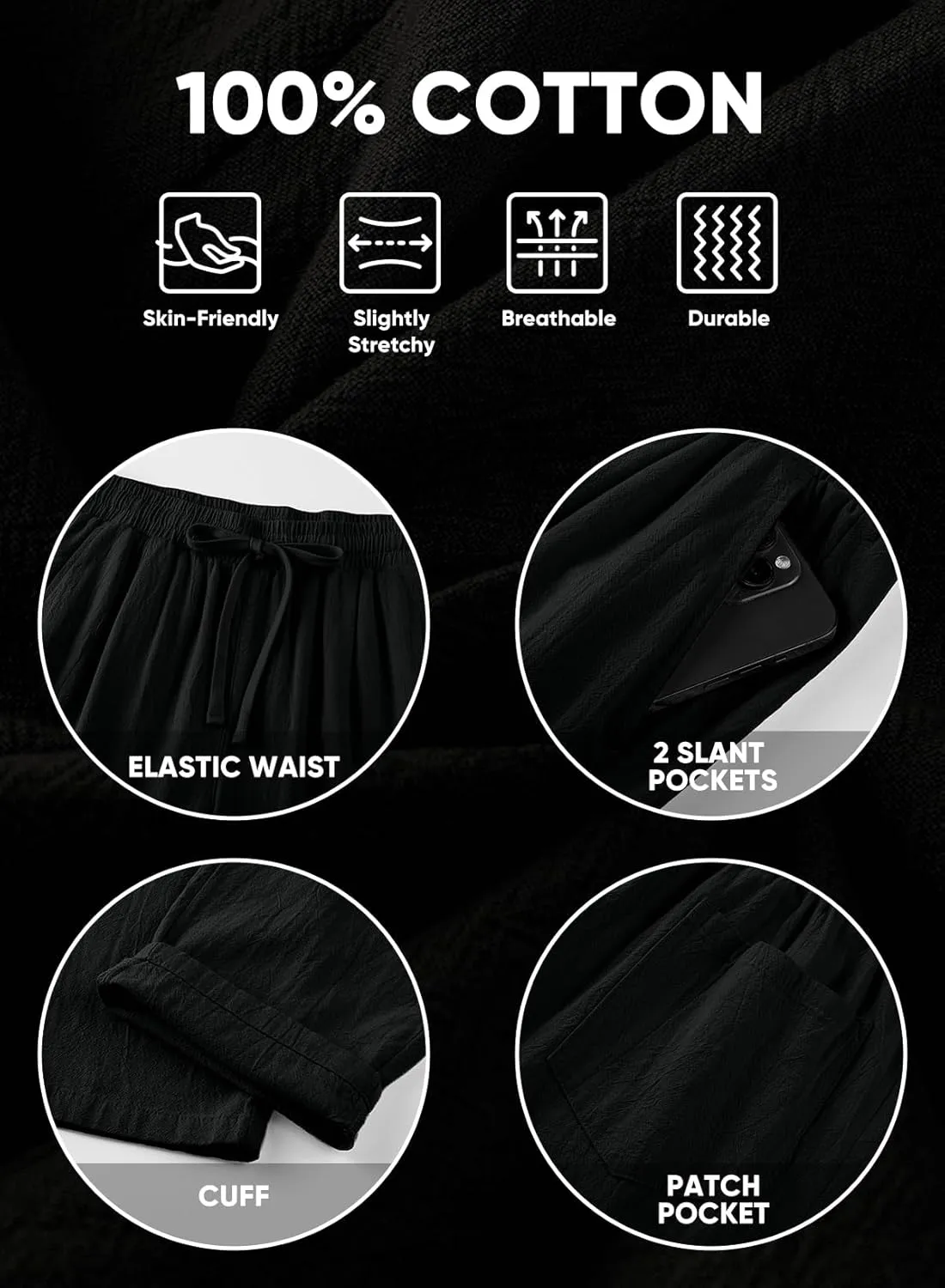 JMIERR Mens Cotton Pants Casual Elastic Waist Drawstring Lightweight Summer Beach Trousers with Pockets