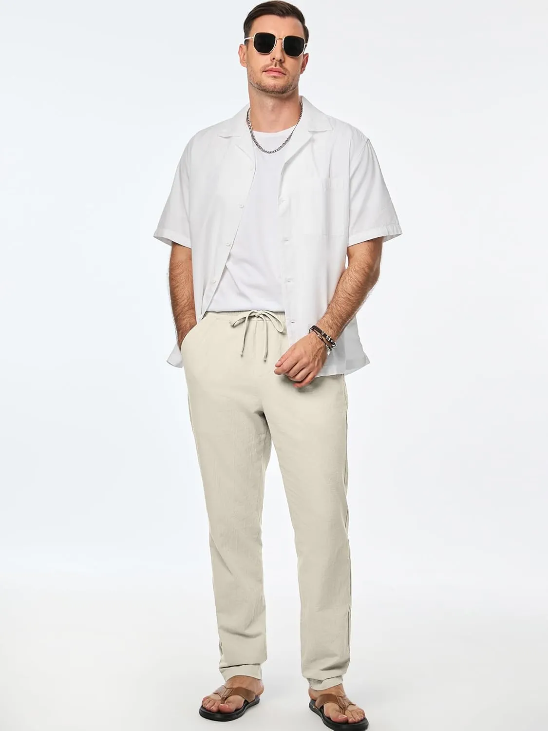 JMIERR Mens Cotton Pants Casual Elastic Waist Drawstring Lightweight Summer Beach Trousers with Pockets