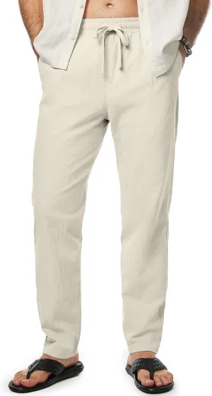 JMIERR Mens Cotton Pants Casual Elastic Waist Drawstring Lightweight Summer Beach Trousers with Pockets