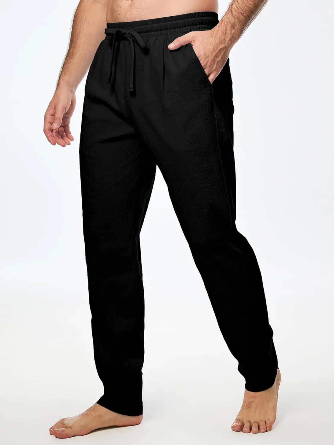 JMIERR Mens Cotton Pants Casual Elastic Waist Drawstring Lightweight Summer Beach Trousers with Pockets