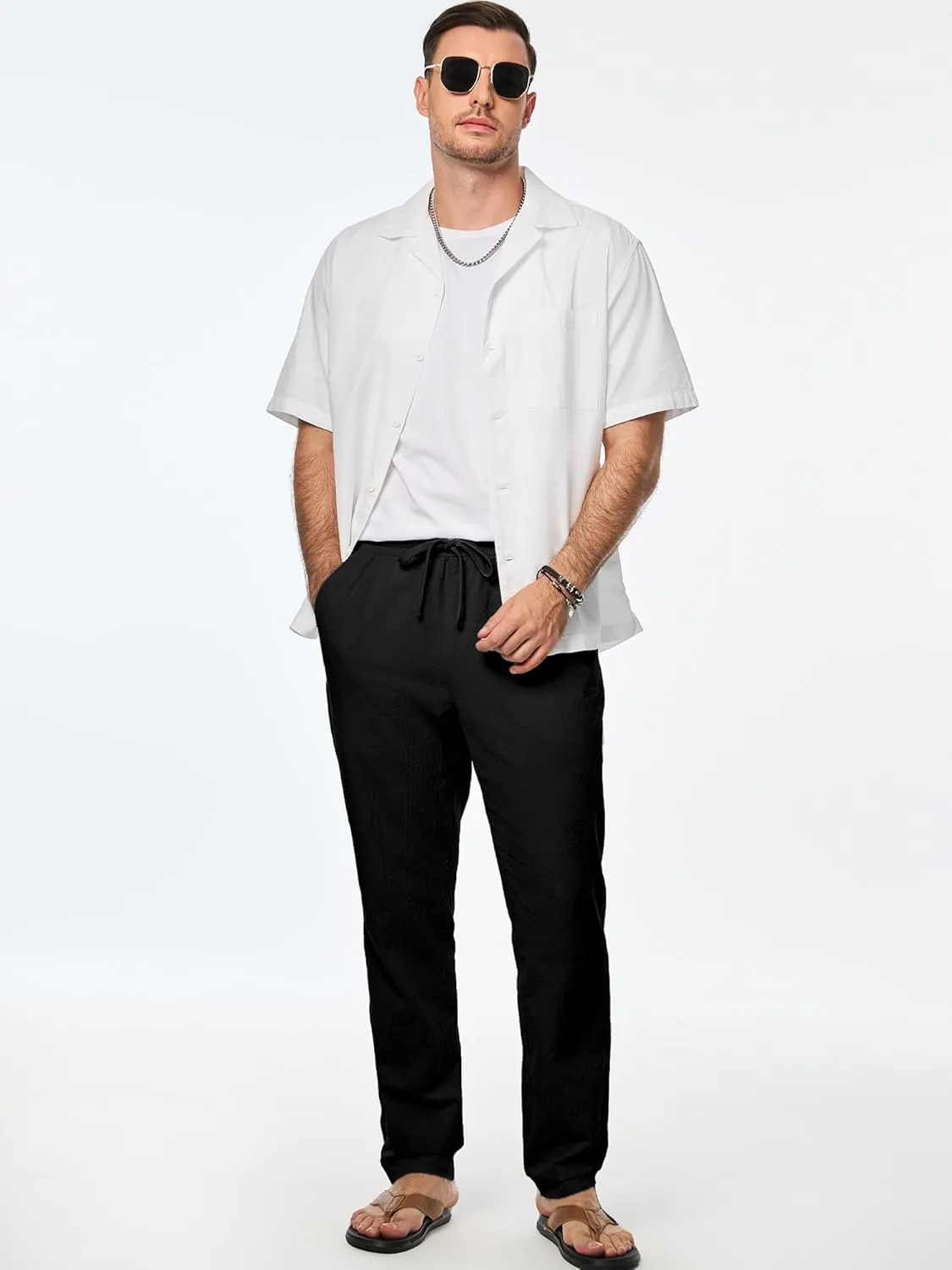 JMIERR Mens Cotton Pants Casual Elastic Waist Drawstring Lightweight Summer Beach Trousers with Pockets