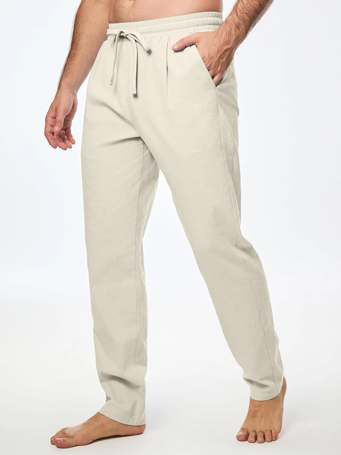 JMIERR Mens Cotton Pants Casual Elastic Waist Drawstring Lightweight Summer Beach Trousers with Pockets