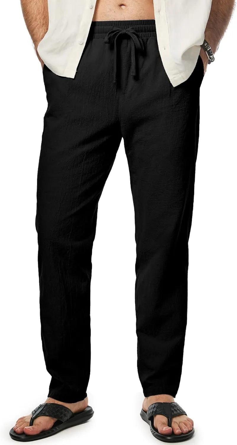 JMIERR Mens Cotton Pants Casual Elastic Waist Drawstring Lightweight Summer Beach Trousers with Pockets