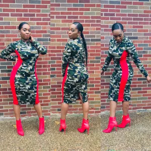Keep It Camo Long Sleeve Fitted Bodycon Camouflage Print Midi Dress