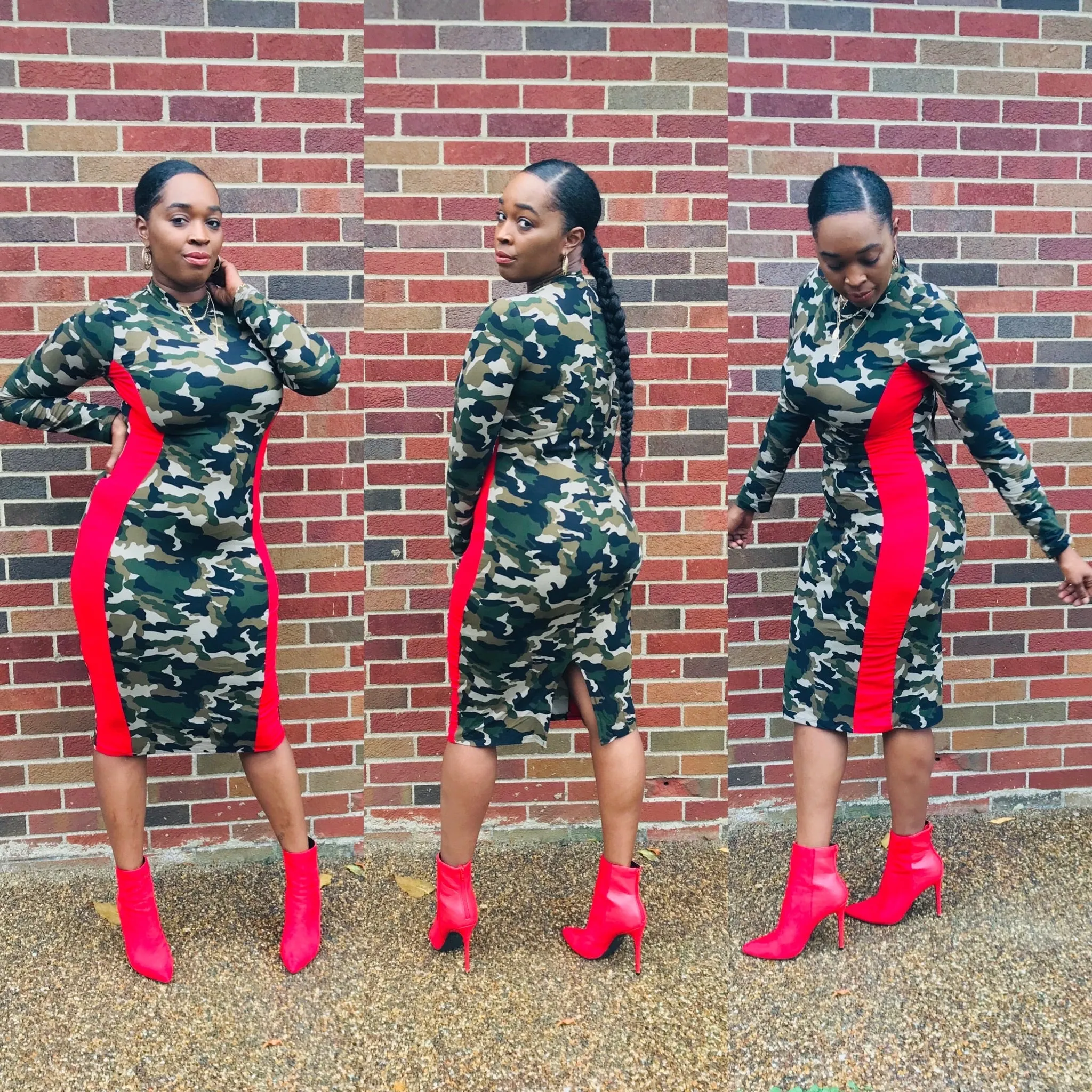Keep It Camo Long Sleeve Fitted Bodycon Camouflage Print Midi Dress