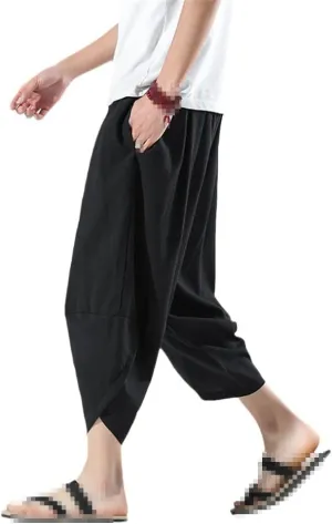 keusyoi Summer Calf-Length Pants Casual Men's Pants Wide Leg Cotton Linen Harem Pants Men's Baggy Beach Pants