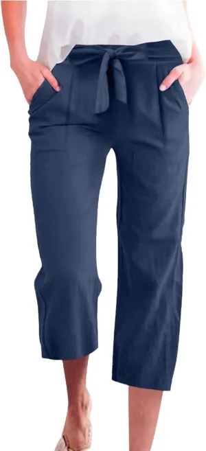 KIKX0DE Womens Summer Fashion Capri Pants Casual Drawstring Elastic High Waist Linen Pant Straight Cropped Trousers