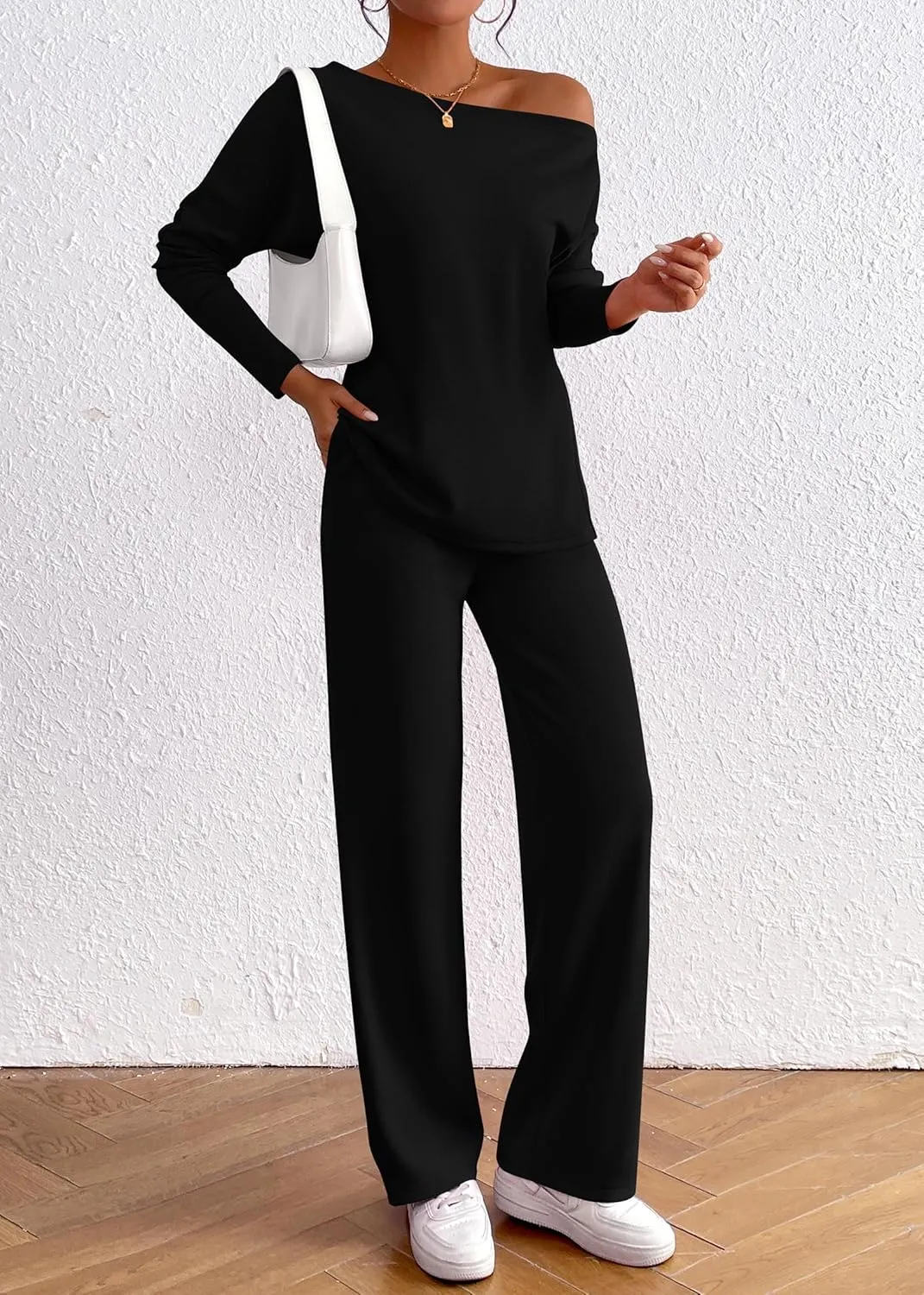 KIRUNDO Womens Fall 2 Piece Outfits 2024 Long Sleeve Off Shoulder Tops & Drawstring Wide Leg Pants Lounge Sets Tracksuit