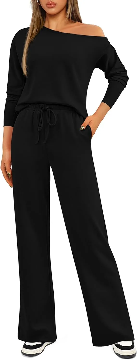 KIRUNDO Womens Fall 2 Piece Outfits 2024 Long Sleeve Off Shoulder Tops & Drawstring Wide Leg Pants Lounge Sets Tracksuit