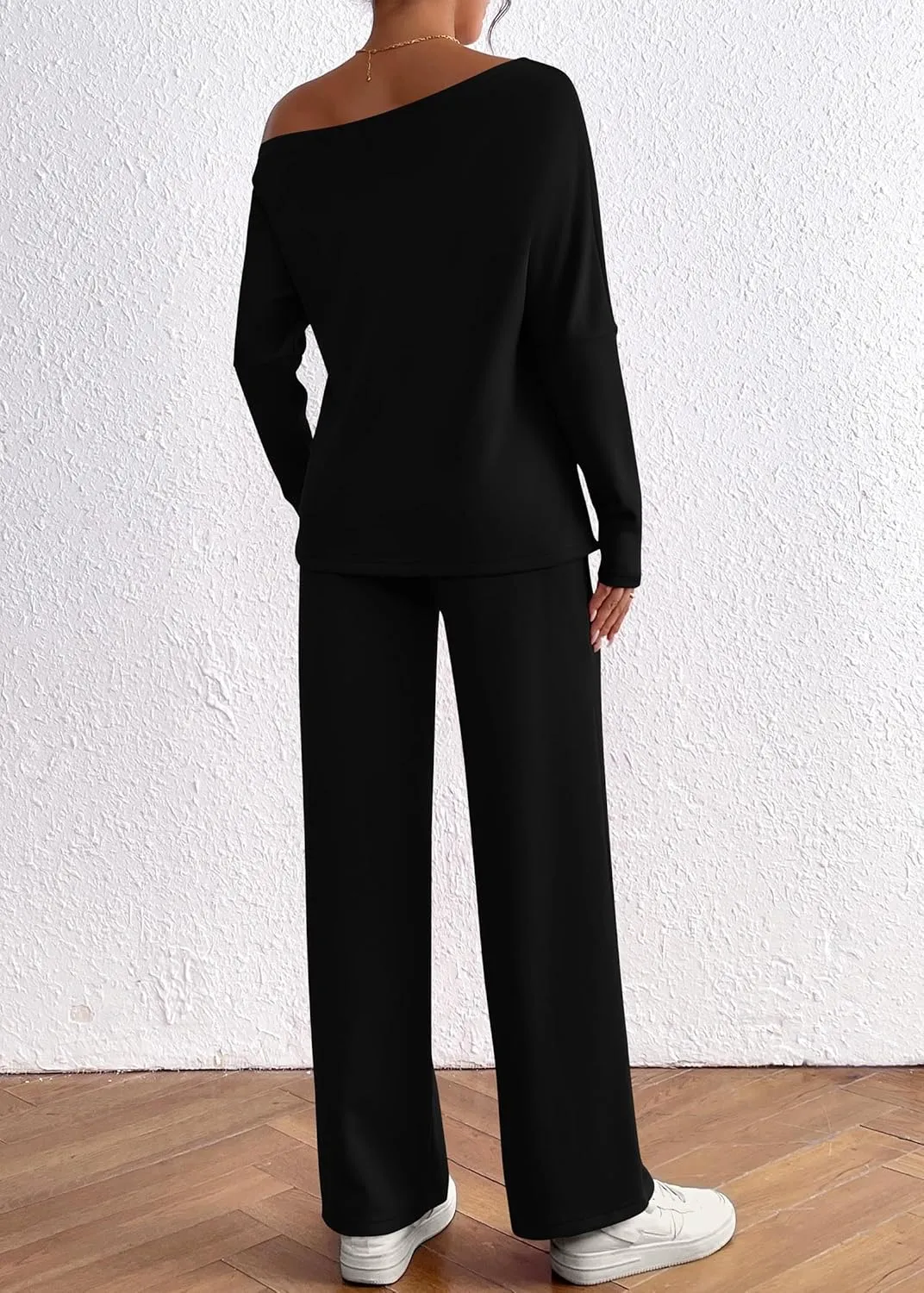 KIRUNDO Womens Fall 2 Piece Outfits 2024 Long Sleeve Off Shoulder Tops & Drawstring Wide Leg Pants Lounge Sets Tracksuit