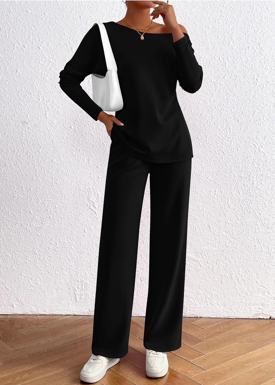 KIRUNDO Womens Fall 2 Piece Outfits 2024 Long Sleeve Off Shoulder Tops & Drawstring Wide Leg Pants Lounge Sets Tracksuit