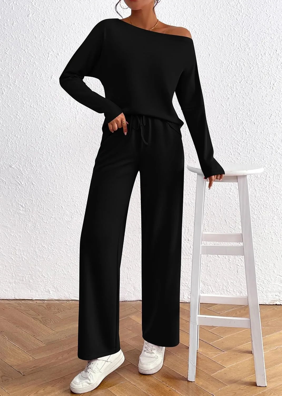 KIRUNDO Womens Fall 2 Piece Outfits 2024 Long Sleeve Off Shoulder Tops & Drawstring Wide Leg Pants Lounge Sets Tracksuit