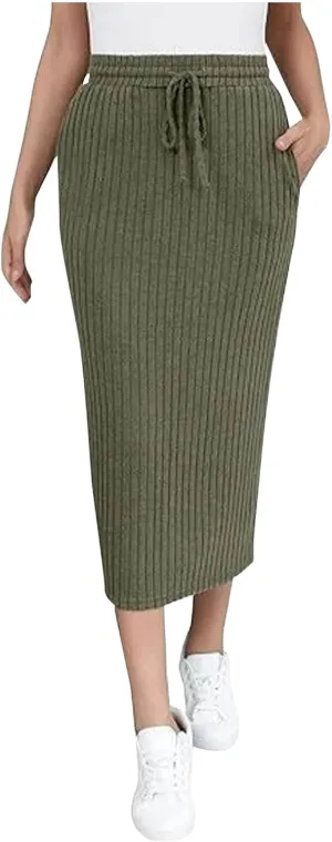 Knit Work Skirt for Women Summer Breathable Stretchy Drawstring Casual Midi High Waisted Bodycon Skirt Outfit