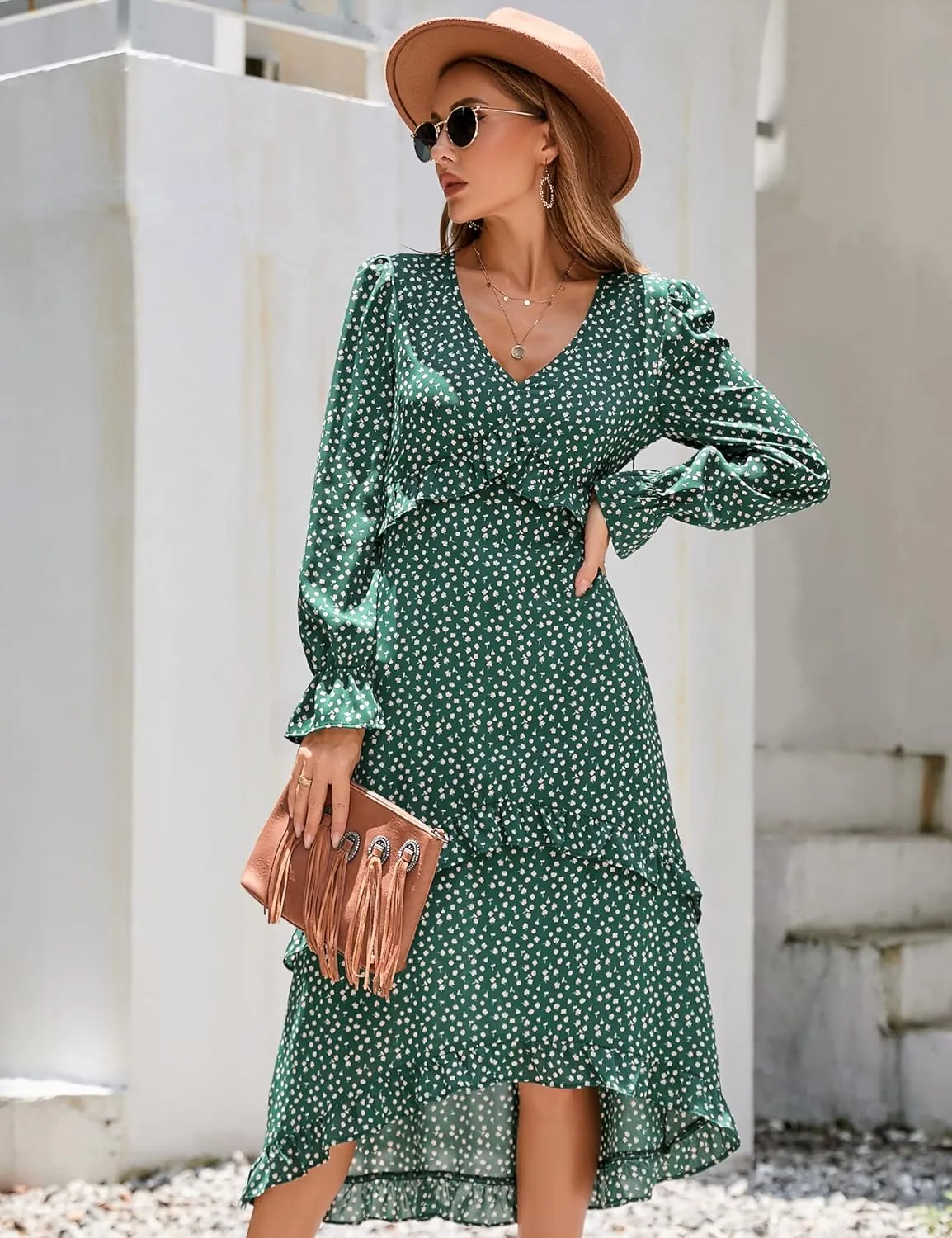 KOJOOIN Women's Casual Sleeve V Neck Boho Floral Print Ruffle Midi Fall Flowy Long Dress
