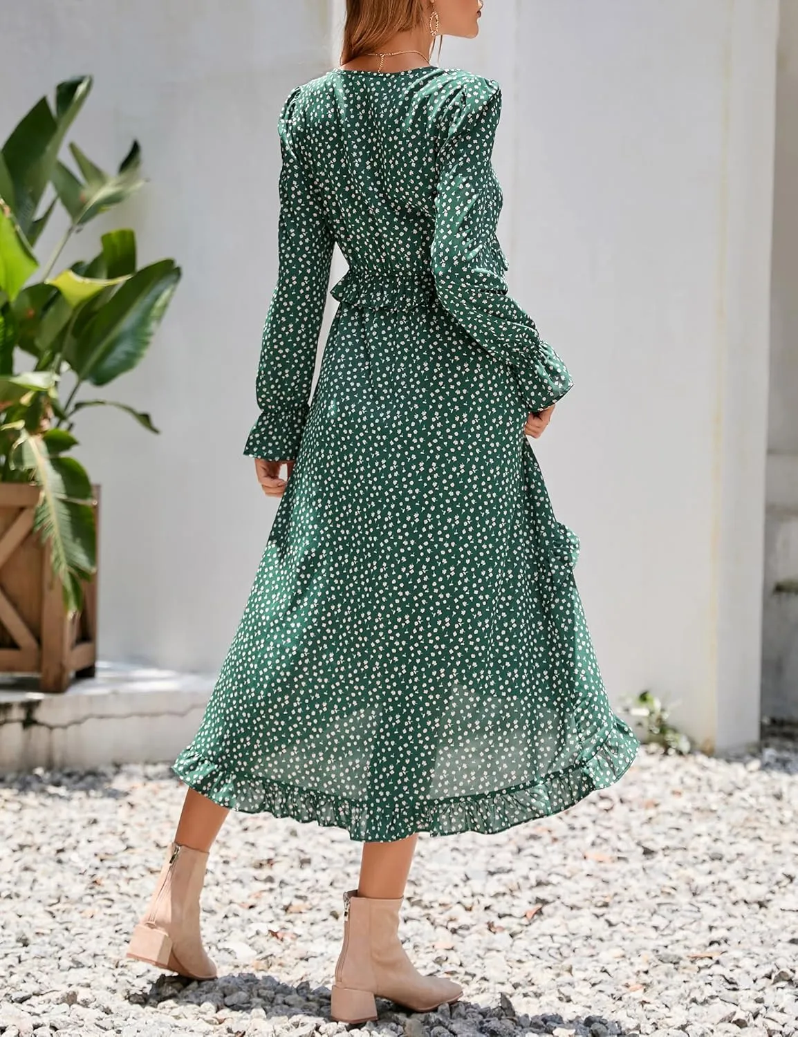 KOJOOIN Women's Casual Sleeve V Neck Boho Floral Print Ruffle Midi Fall Flowy Long Dress