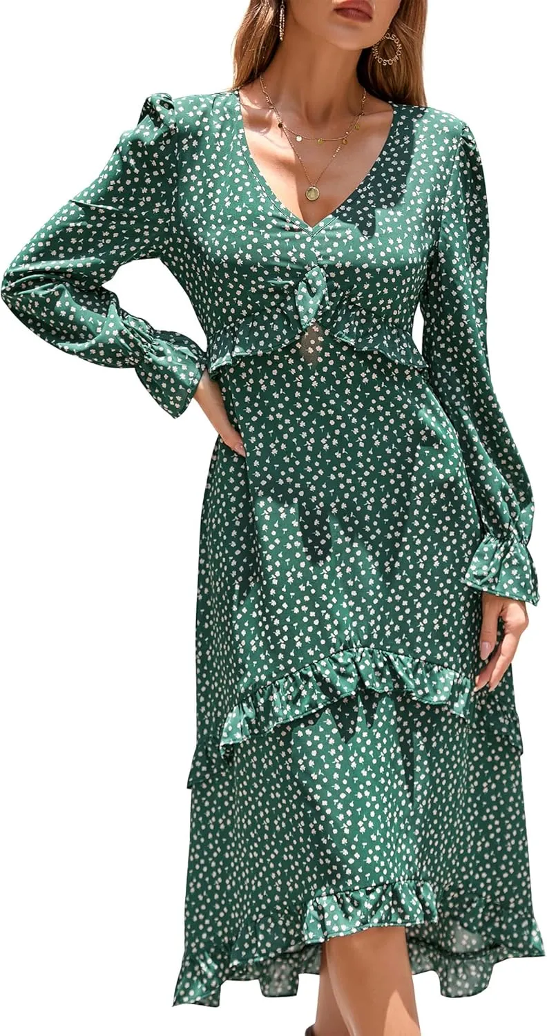 KOJOOIN Women's Casual Sleeve V Neck Boho Floral Print Ruffle Midi Fall Flowy Long Dress