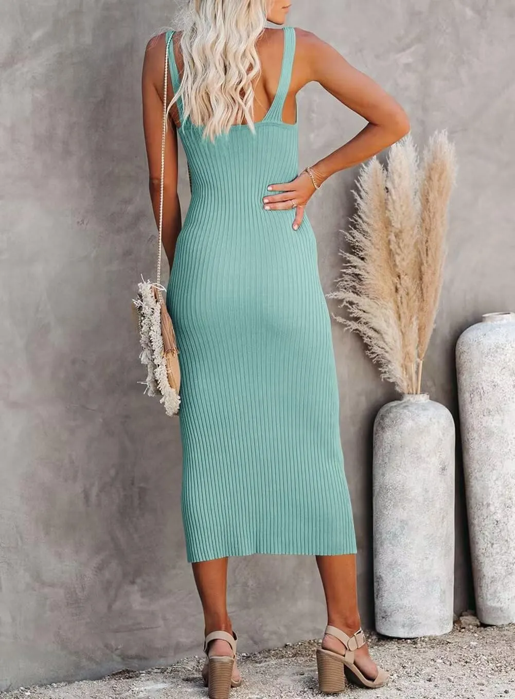 Lacozy Women's 2025 Summer Bodycon Midi Dress Sexy V-Neck Sleeveless Sweater Dress Casual Tank Top Dresses