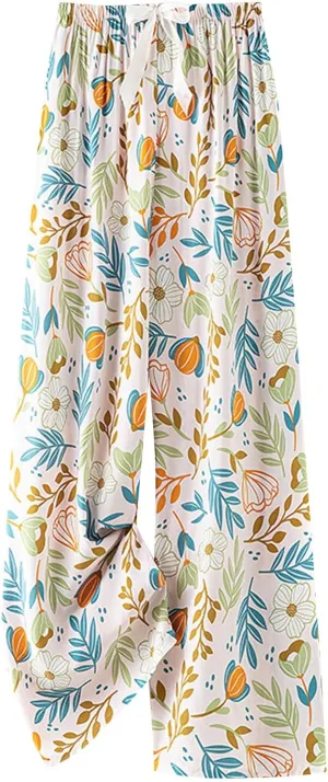 Lastesso Palazzo Pants for Women Fashion Floral Print Summer Lounge Trousers Bow-Knot High Waist Elastic Waistband Pants
