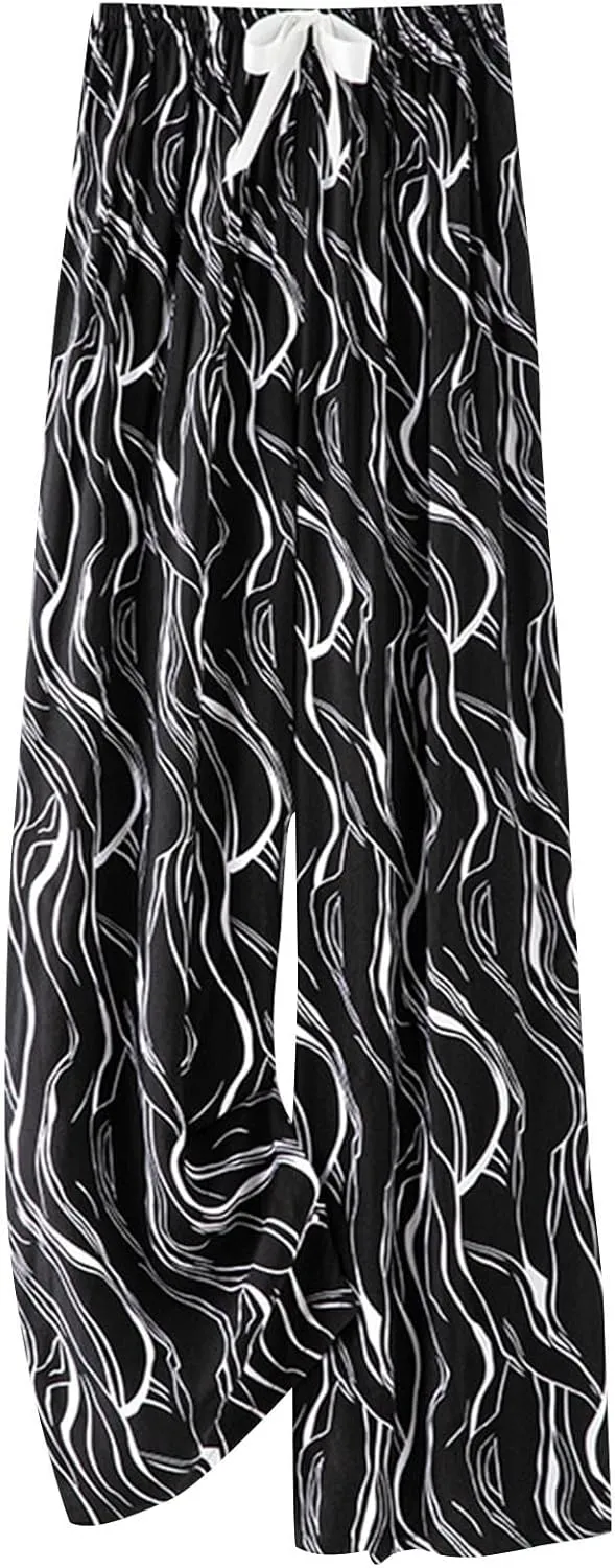 Lastesso Palazzo Pants for Women Fashion Floral Print Summer Lounge Trousers Bow-Knot High Waist Elastic Waistband Pants