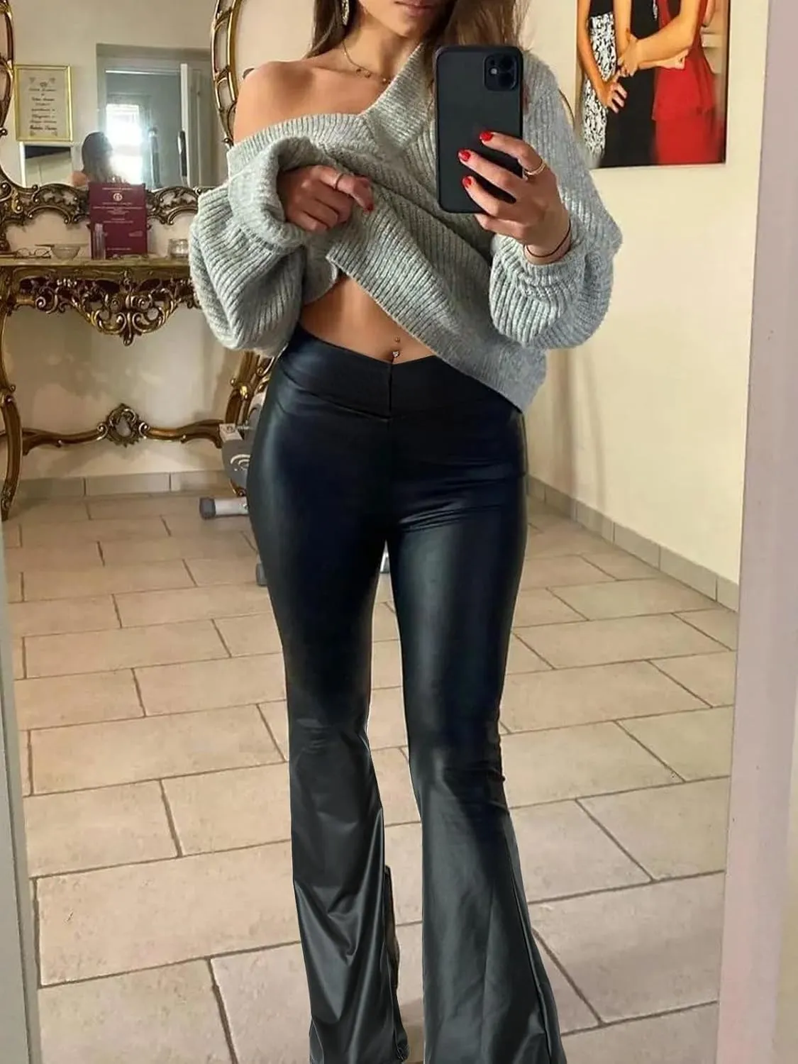 Leather Flare Pants for Women High Waisted Faux Leather Black Bell Bottoms Pleather Leggings