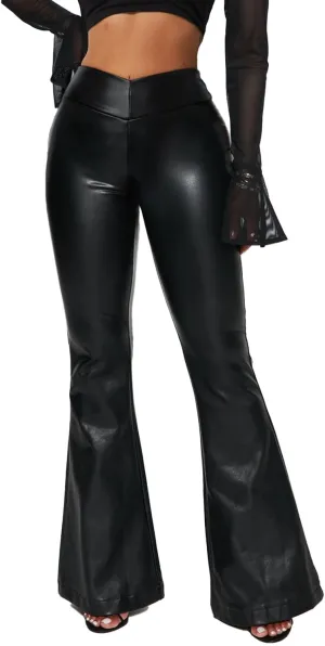 Leather Flare Pants for Women High Waisted Faux Leather Black Bell Bottoms Pleather Leggings