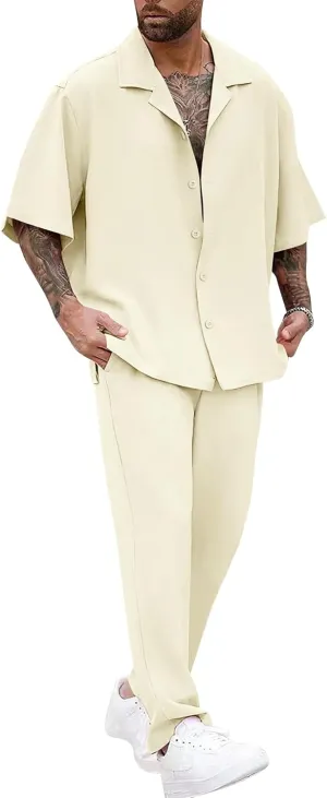 LecGee Men Summer Casual Short Sleeve Pant Sets Solid Button Down Shirt Elastic Pants 2 Piece Outfits Beach Tracksuit