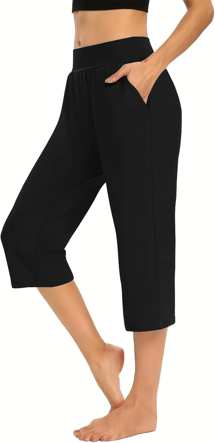 LFEOOST Capri Pants for Women High Waist Wide Leg Yoga Cropped Pants with Pockets Loose Casual Summer Outfits Lounge Pants