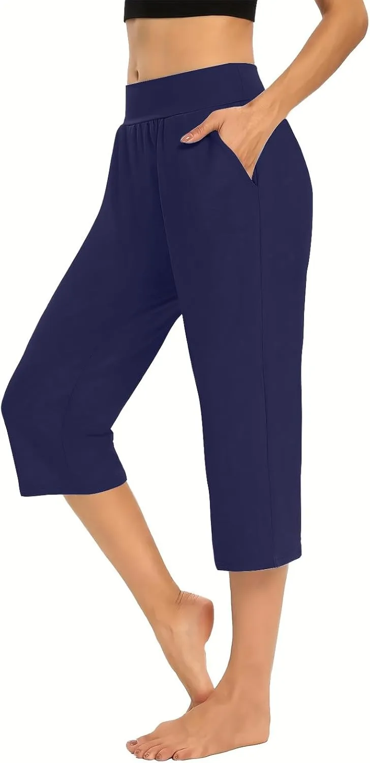 LFEOOST Capri Pants for Women High Waist Wide Leg Yoga Cropped Pants with Pockets Loose Casual Summer Outfits Lounge Pants