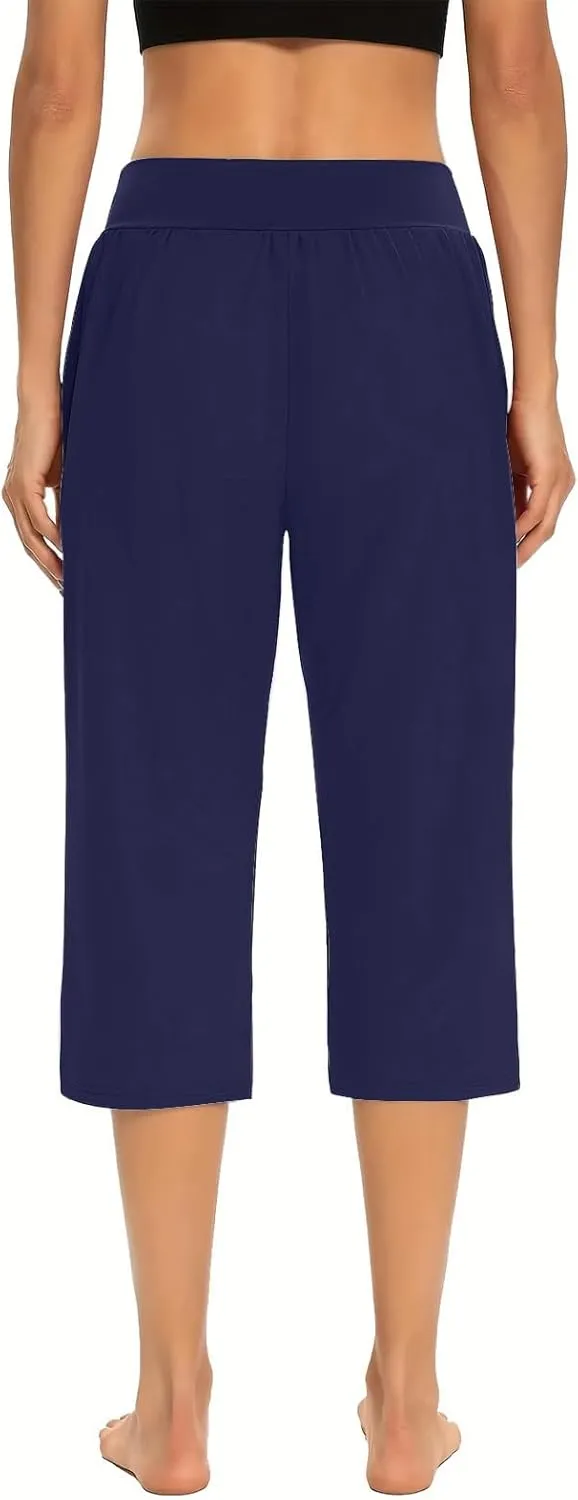 LFEOOST Capri Pants for Women High Waist Wide Leg Yoga Cropped Pants with Pockets Loose Casual Summer Outfits Lounge Pants
