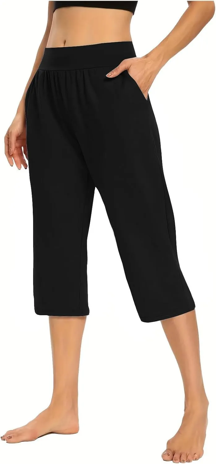 LFEOOST Capri Pants for Women High Waist Wide Leg Yoga Cropped Pants with Pockets Loose Casual Summer Outfits Lounge Pants